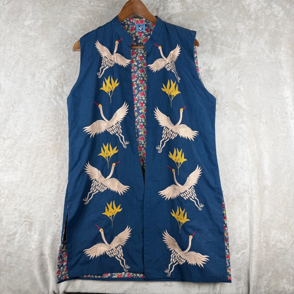 Vintage Blue Embroidered Crane Longline Vest Floral Lined‎ Boho Asian Art